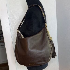 Michael Kors Brooklyn Dark Brown Hobo Bag Gold Accents Rivet tassel charm Boho